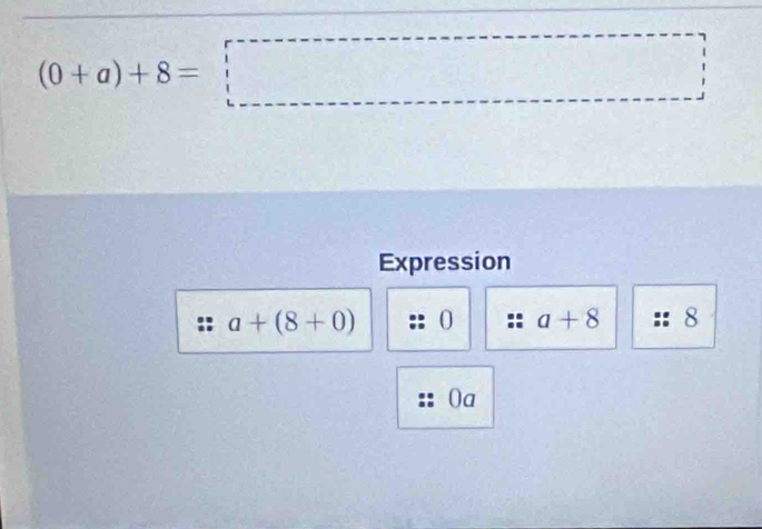 (0+a)+8=□
Expression
a+(8+0) 0 a+8 8
0a