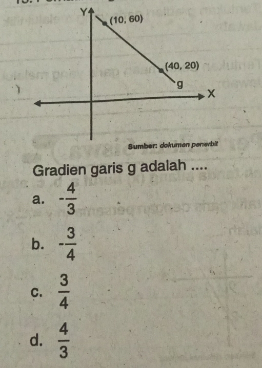 Gradien garis g adalah ....
a. - 4/3 
b. - 3/4 
C.  3/4 
d.  4/3 