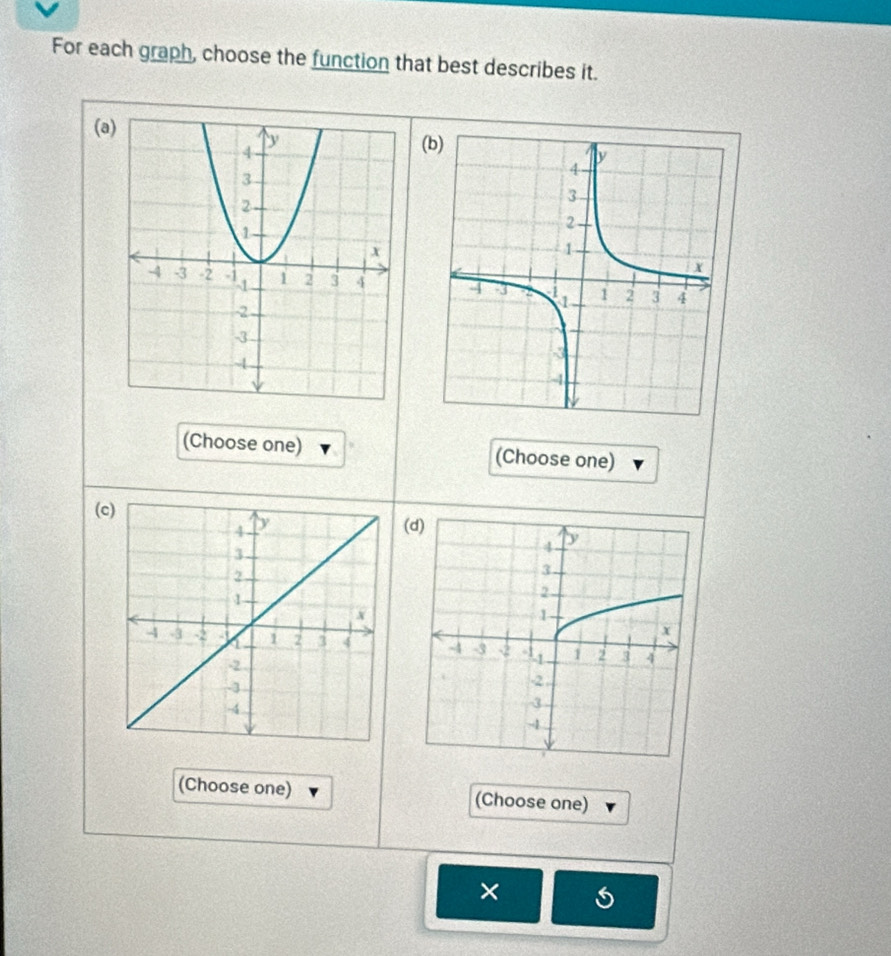 For each graph, choose the function that best describes it. 
(a 
( 

(Choose one) (Choose one) 
(c 
( 

(Choose one) (Choose one) 
×