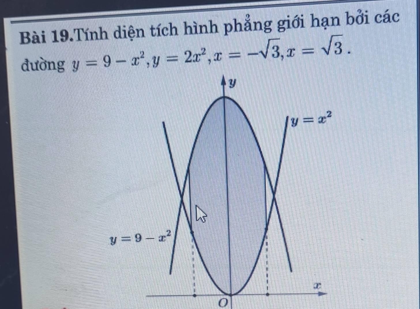 Bài 19.Tính diện tích hình phẳng giới hạn bởi các
đường y=9-x^2,y=2x^2,x=-sqrt(3),x=sqrt(3).
0