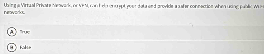 Using a Virtual Private Network, or VPN, can help encrypt your data and provide a safer connection when using public Wi-Fi
networks.
A True
B False