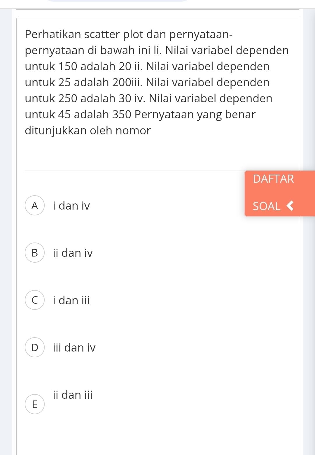 Perhatikan scatter plot dan pernyataan-
pernyataan di bawah ini li. Nilai variabel dependen
untuk 150 adalah 20 ii. Nilai variabel dependen
untuk 25 adalah 200iii. Nilai variabel dependen
untuk 250 adalah 30 iv. Nilai variabel dependen
untuk 45 adalah 350 Pernyataan yang benar
ditunjukkan oleh nomor
DAFTAR
A i dan iv SOAL《
B ii dan iv
C i dan ⅲi
Di dan iv
ii dan ii
E