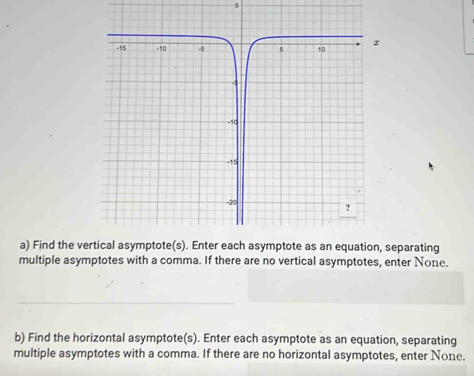 Find the ver, separating 
multiple asymptotes with a comma. If there are no vertical asymptotes, enter None. 
b) Find the horizontal asymptote(s). Enter each asymptote as an equation, separating 
multiple asymptotes with a comma. If there are no horizontal asymptotes, enter None.