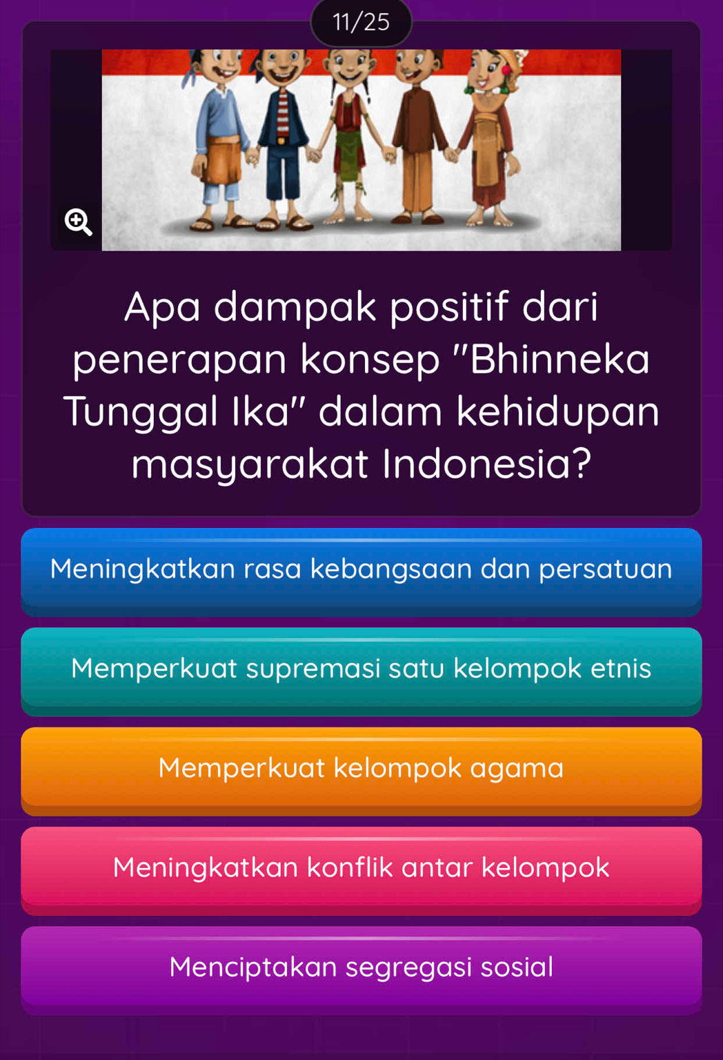 11/25
Apa dampak positif dari
penerapan konsep ''Bhinneka
Tunggal Ika'' dalam kehidupan
masyarakat Indonesia?
Meningkatkan rasa kebangsaan dan persatuan
Memperkuat supremasi satu kelompok etnis
Memperkuat kelompok agama
Meningkatkan konflik antar kelompok
Menciptakan segregasi sosial