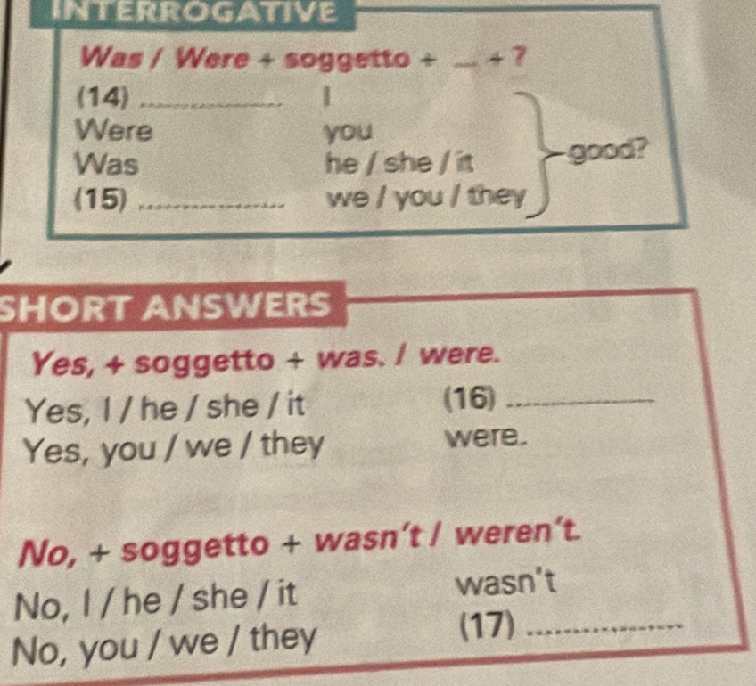 INTERROGATIVE 
Was / Were + soggetto + _4 7 
(14) _1 
Were you 
Was he / she / it good? 
(15) _we / you / they 
SHORT ANSWERS 
Yes, + soggetto + was. / were. 
Yes, I / he / she / it 
(16)_ 
Yes, you / we / they were. 
No, + soggetto + wasn’t / weren’t. 
No, I / he / she / it wasn't 
No, you / we / they 
(17)_