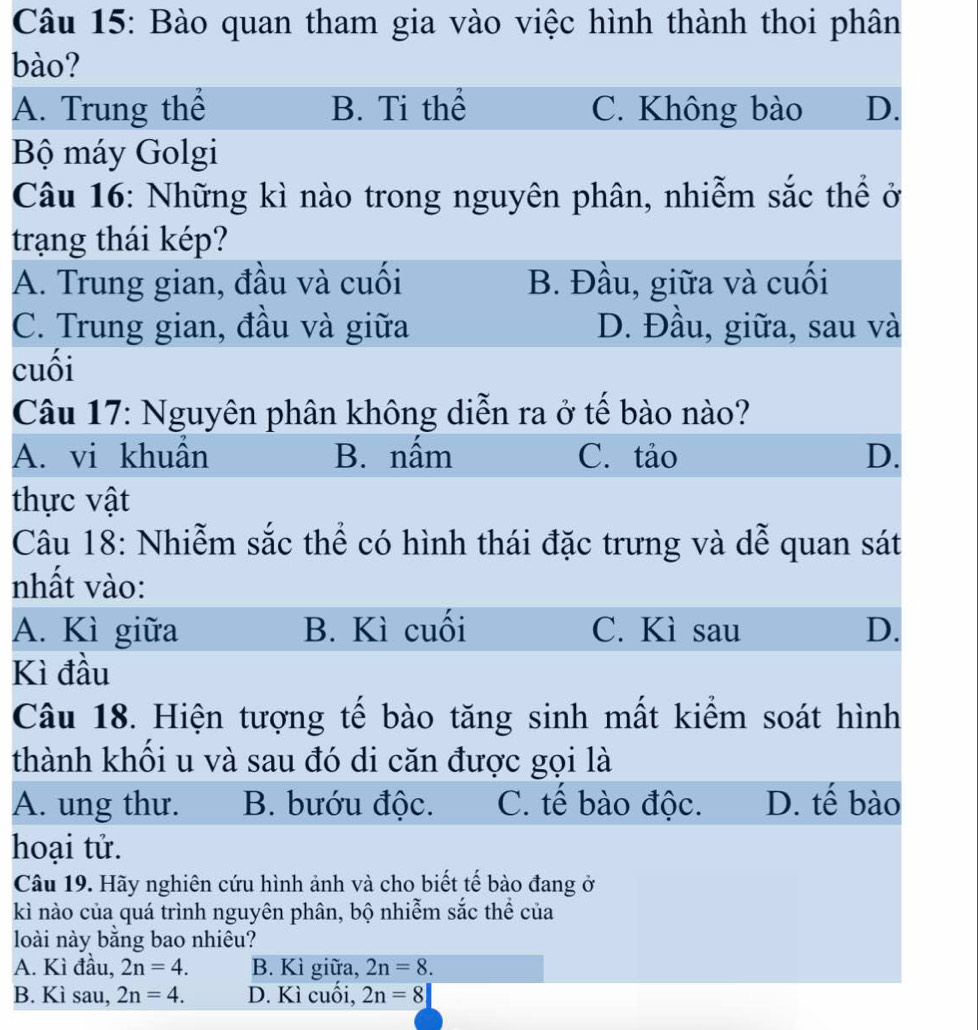 Bào quan tham gia vào việc hình thành thoi phân
bào?
A. Trung thể B. Ti thể C. Không bào D.
Bộ máy Golgi
Câu 16: Những kì nào trong nguyên phân, nhiễm sắc thể ở
trạng thái kép?
A. Trung gian, đầu và cuối B. Đầu, giữa và cuối
C. Trung gian, đầu và giữa D. Đầu, giữa, sau và
cuối
Câu 17: Nguyên phân không diễn ra ở tế bào nào?
A. vi khuẩn B. nấm C. tảo D.
thực vật
Câu 18: Nhiễm sắc thể có hình thái đặc trưng và dễ quan sát
nhất vào:
A. Kì giữa B. Kì cuối C. Kì sau D.
Kì đầu
Câu 18. Hiện tượng tế bào tăng sinh mất kiểm soát hình
thành khối u và sau đó di căn được gọi là
A. ung thư. B. bướu độc. C. tế bào độc. D. tế bào
hoại tử.
Câu 19. Hãy nghiên cứu hình ảnh và cho biết tế bào đang ở
kì nào của quá trình nguyên phân, bộ nhiễm sắc thể của
loài này bằng bao nhiêu?
A. Kì đầu, 2n=4. B. Kì giữa, 2n=8. 
B. Kì sau, 2n=4. D. Kì cuối, 2n=8