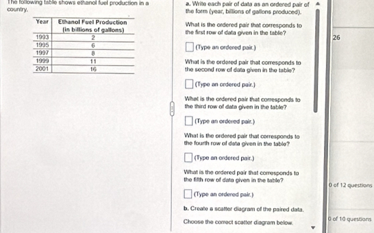 The following table shows ethanol fuel production in a a. Write each pair of data as an ordered pair of
country. the form (year, billions of gallons produced).
What is the ordered pair that corresponds to
the first row of data given in the table? 26
(Type an ordered pair.)
What is the ordered pair that corresponds to
the second row of data given in the table?
(Type an ordered pair.)
What is the ordered pair that corresponds to
the third row of data given in the table?
(Type an ordered pair.)
What is the ordered pair that corresponds to
the fourth row of data given in the table?
(Type an ordered pair.)
What is the ordered pair that corresponds to
the fifth row of data given in the table? 0 of 12 questions
(Type an ordered pair.)
b. Create a scatter diagram of the paired data.
Choose the correct scatter diagram below 0 of 10 questions