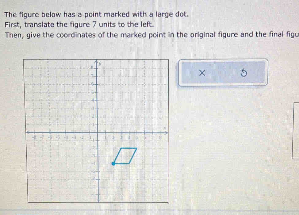 The figure below has a point marked with a large dot. 
First, translate the figure 7 units to the left. 
Then, give the coordinates of the marked point in the original figure and the final figu 
×