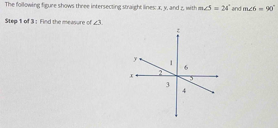 The following figure shows three intersecting straight lines: x, y, and z, with m∠ 5=24° and m∠ 6=90°
Step 1 of 3 : Find the measure of ∠ 3.