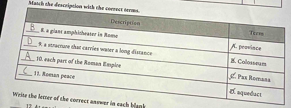 Match the descri 
r in each blank
12 Ar