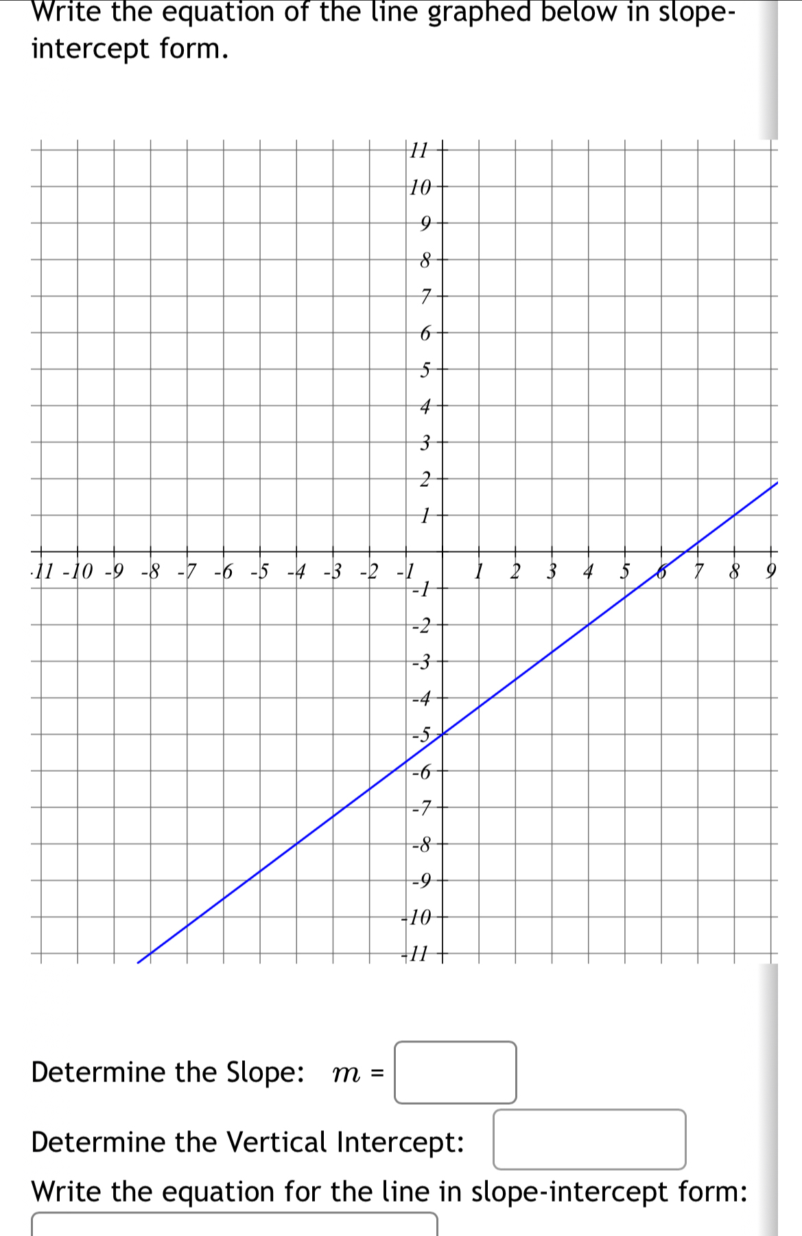 Write the equation of the line graphed below in slope- 
intercept form. 
.1 9 
Determine the Slope: m=□
Determine the Vertical Intercept: □ 
Write the equation for the line in slope-intercept form: