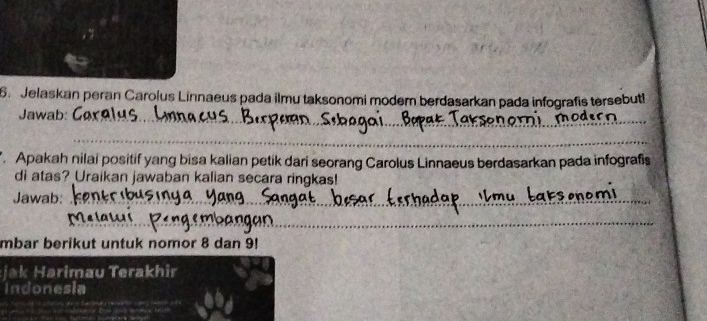 Jelaskan peran Carolus Linnaeus pada ilmu taksonomi modern berdasarkan pada infografis tersebut! 
Jawab:_ 
_ 
Apakah nilai positif yang bisa kalian petik dari seorang Carolus Linnaeus berdasarkan pada infograßs 
di atas? Uraikan jawaban kalian secara ringkas! 
Jawab:_ 
_ 
mbar berikut untuk nomor 8 dan 9! 
jak Harimau Terakhir 
Indonesia