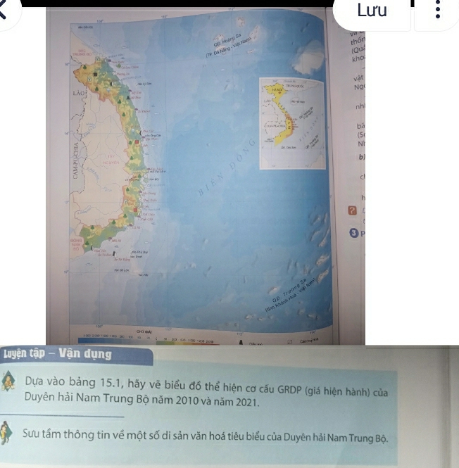 Lưu 
Qiá Hoàng Sa 
P Đá Nng - Việt Nam) 
thán 
(Qui 
kho 
vật 
Ng 
1 A( 
nhi 
bā 
(S 
N 
b) 

c 
c * Le Đoơng 

P 
Knh Khánh Hng - Việt N ĐĐ. Trường Sĩ 
apn à é 1 900 1 0 200 chū qn 

Tể T l 
Luyện tập - Vận dụng 
Dựa vào bảng 15.1, hãy vẽ biểu đồ thể hiện cơ cấu GRDP (giá hiện hành) của 
Duyên hải Nam Trung Bộ năm 2010 và năm 2021. 
Sưu tầm thông tin về một số di sản văn hoá tiêu biểu của Duyên hải Nam Trung Bộ.