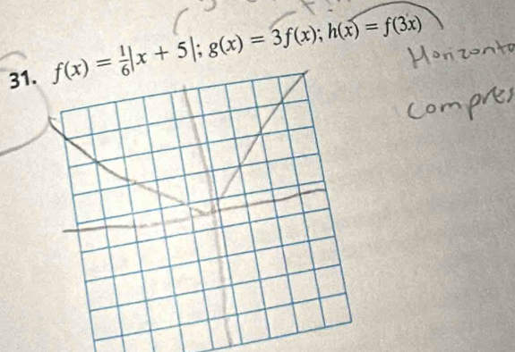 f(x)= 1/6 |x+5|; g(x)=3f(x); h(x)=f(3x)