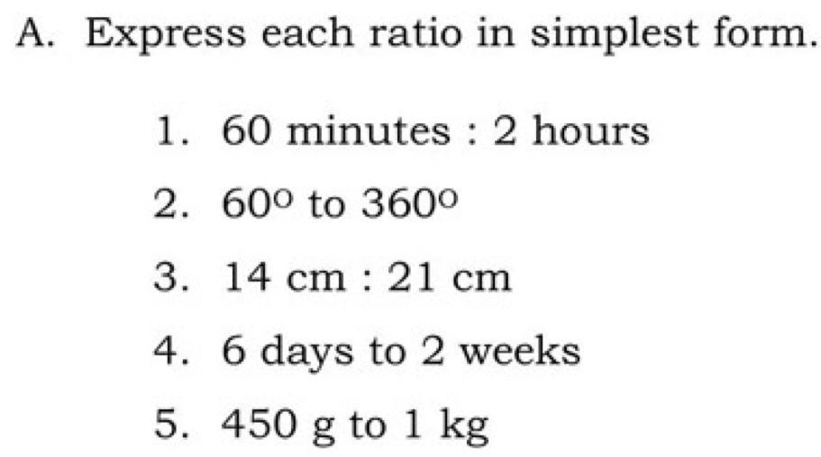 Express each ratio in simplest form. 
1. 60 minutes : 2 hours
2. 60° to 360°
3. 14cm:21cm
4. 6 days to 2 weeks
5. 450 g to 1 kg