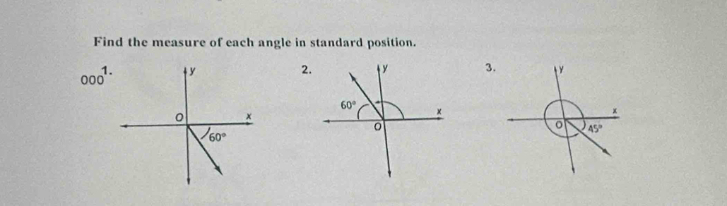 Find the measure of each angle in standard position.
000^(1.)
3. y
×
o 45°