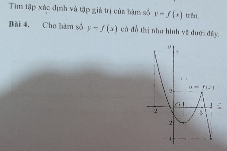 Tìm tập xác định và tập giá trị của hàm số y=f(x) trên.
Bài 4. Cho hàm số y=f(x) có đồ thị như hình vẽ dưới đây.