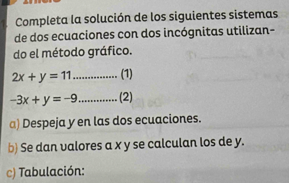 Completa la solución de los siguientes sistemas
de dos ecuaciones con dos incógnitas utilizan-
do el método gráfico.
2x+y=11............... (1)
-3x+y=-9 )............ (2)
a) Despeja y en las dos ecuaciones.
b) Se dan valores a x y se calculan los de y.
c) Tabulación: