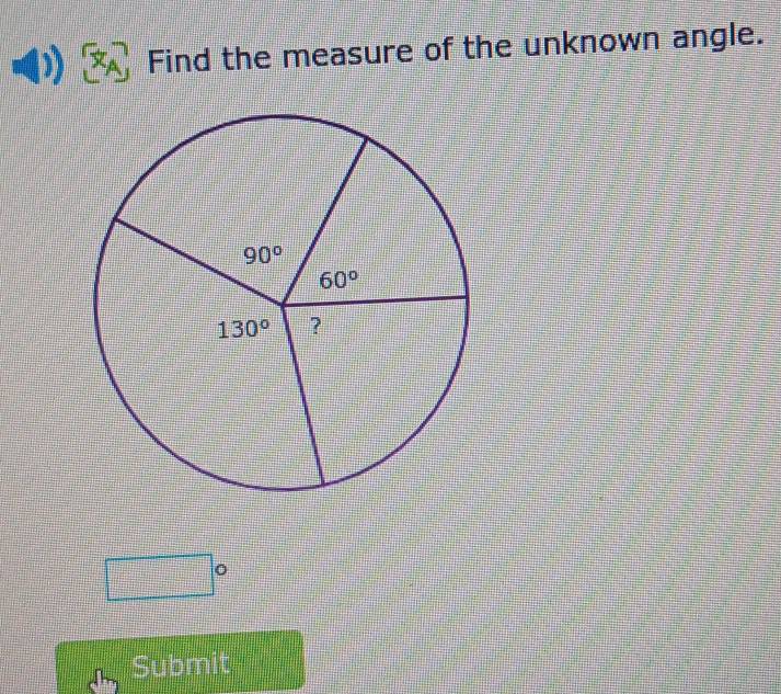 Find the measure of the unknown angle.
Submit