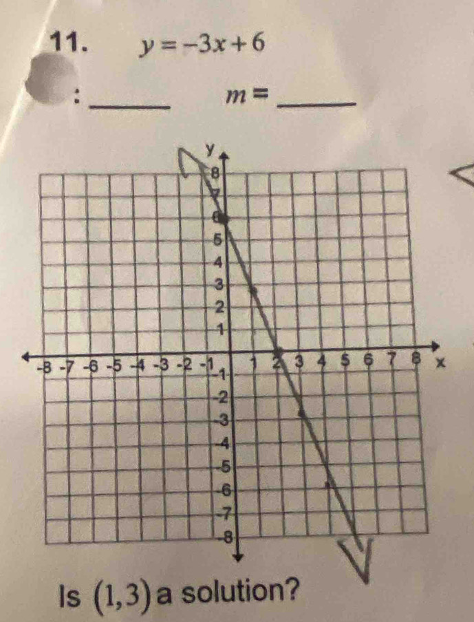 y=-3x+6
_: 
_ m=
Is (1,3) a solution?