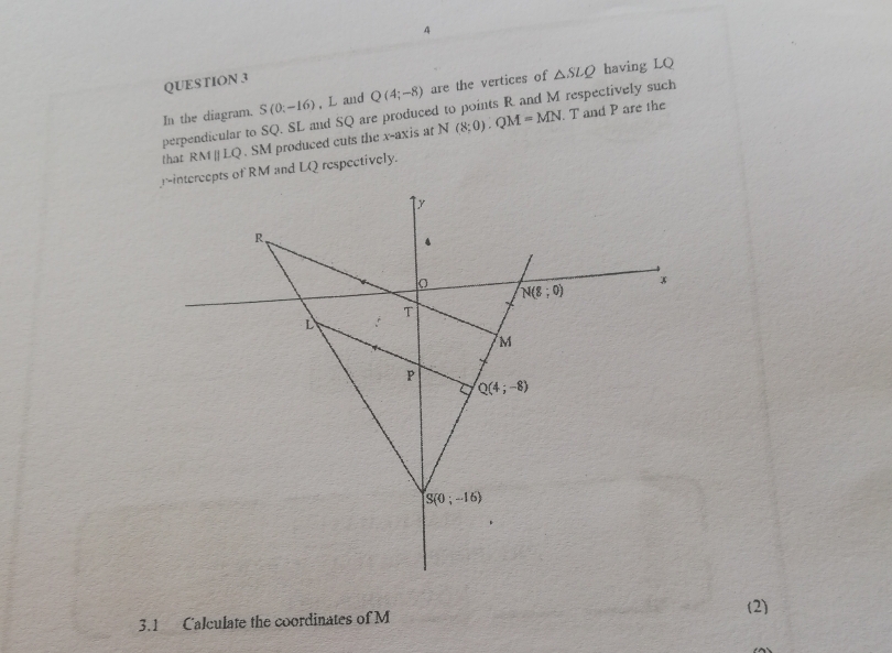 In the diagram. S(0:-16) , L and Q(4;-8) are the vertices of △ SLQ
having LQ
perpendicular to SQ. SL and SQ are produced to points R. and M respectively such
that RM | LQ. SM produced cuts the x-axis at N(8;0).QM=MN T and P are the
(2)
3.1 Calculate the coordinates of M