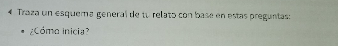 « Traza un esquema general de tu relato con base en estas preguntas: 
¿Cómo inicia?