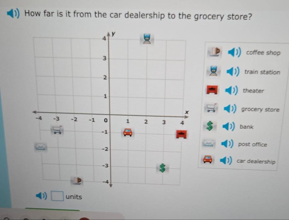 How far is it from the car dealership to the grocery store?
coffee shop
train station
theater
grocery store
bank
post office
car dealership
D) □ units