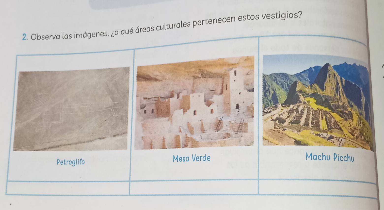 Observa las imágenes, ¿a qué áreas culturales pertenecen estos vestigios? 
Petroglifo 
Mesa Verde Machu Picchu