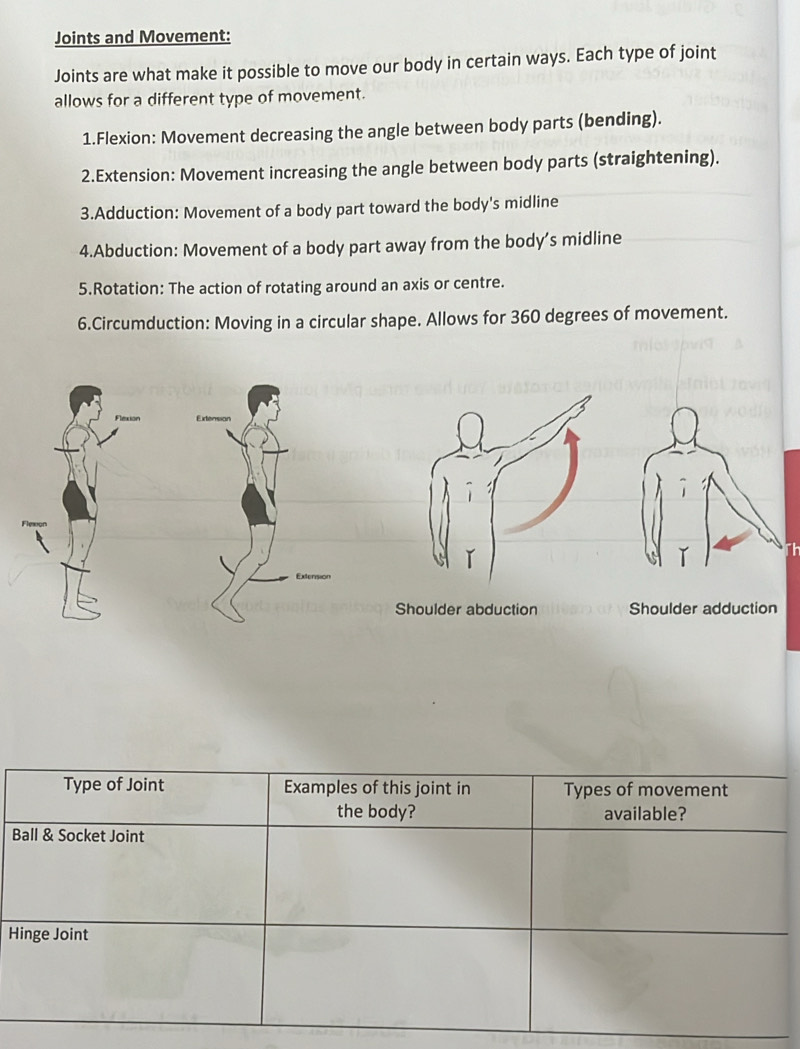 Joints and Movement: 
Joints are what make it possible to move our body in certain ways. Each type of joint 
allows for a different type of movement. 
1.Flexion: Movement decreasing the angle between body parts (bending). 
2.Extension: Movement increasing the angle between body parts (straightening). 
3.Adduction: Movement of a body part toward the body's midline 
4.Abduction: Movement of a body part away from the body’s midline 
5.Rotation: The action of rotating around an axis or centre. 
6.Circumduction: Moving in a circular shape. Allows for 360 degrees of movement. 
Th 
Shoulder abduction Shoulder adduction 
B 
H