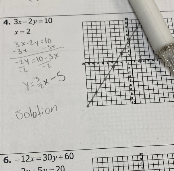 3x-2y=10
x=2
6. -12x=30y+60 10
9
8
5u-20
1