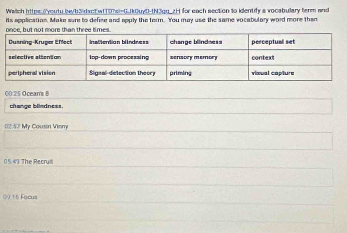 Watch https:/youtu be/b3kdxcEwlT0?si=GJk0uyD-tN3gg_zH for each section to identify a vocabulary term and 
its application. Make sure to define and apply the term. You may use the same vocabulary word more than 
00:25 Ocean's 8 
change blindness. 
02:57 My Cousin Vinny 
05. 49 The Recruit 
09 16 Focus