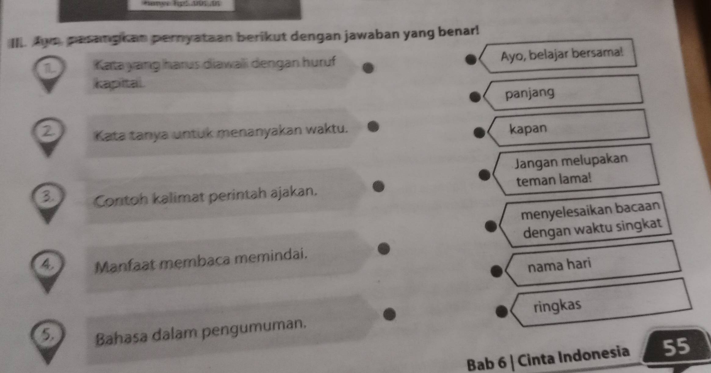 Aws, pasangkan pernyataan berikut dengan jawaban yang benar! 
1 Kata yang harus diawali dengan huruf 
Ayo, belajar bersama! 
kapital 
panjang 
2 kapan 
Kata tanya untuk menanyakan waktu. 
Jangan melupakan 
teman lama! 
3 
Contoh kalimat perintah ajakan. 
menyelesaikan bacaan 
Manfaat membaca memindai. dengan waktu singkat 
4 nama hari 
ringkas 
5. Bahasa dalam pengumuman. 
Bab 6 | Cinta Indonesia 55