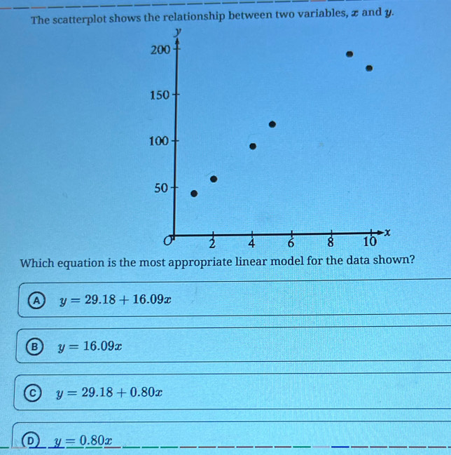 The scatterplot shows the relationship between two variables, x and y.
y
200
150
100
50
-x
0 2 4 6 8 10
Which equation is the most appropriate linear model for the data shown?
a y=29.18+16.09x
B y=16.09x
y=29.18+0.80x
D _ y=_ 0.80_ x