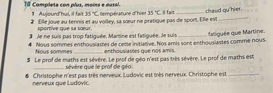 Completa con plus, moins e aussi. 
1 Aujourd’hui, il fait 35°C , température d'hier 35°C. Il fait_ 
chaud qu’hier. 
2 Elle joue au tennis et au volley, sa sœur ne pratique pas de sport. Elle est 
_ 
sportive que sa sœur. 
3 Je ne suis pas trop fatiguée. Martine est fatiguée. Je suis_ 
fatiguée que Martine. 
4 Nous sommes enthousiastes de cette initiative. Nos amis sont enthousiastes comme nous. 
Nous sommes_ enthousiastes que nos amis. 
5 Le prof de maths est sévère. Le prof de géo n'est pas très sévère. Le prof de maths est 
_sévère que le prof de géo. 
6 Christophe n’est pas très nerveux. Ludovic est très nerveux. Christophe est_ 
nerveux que Ludovic.