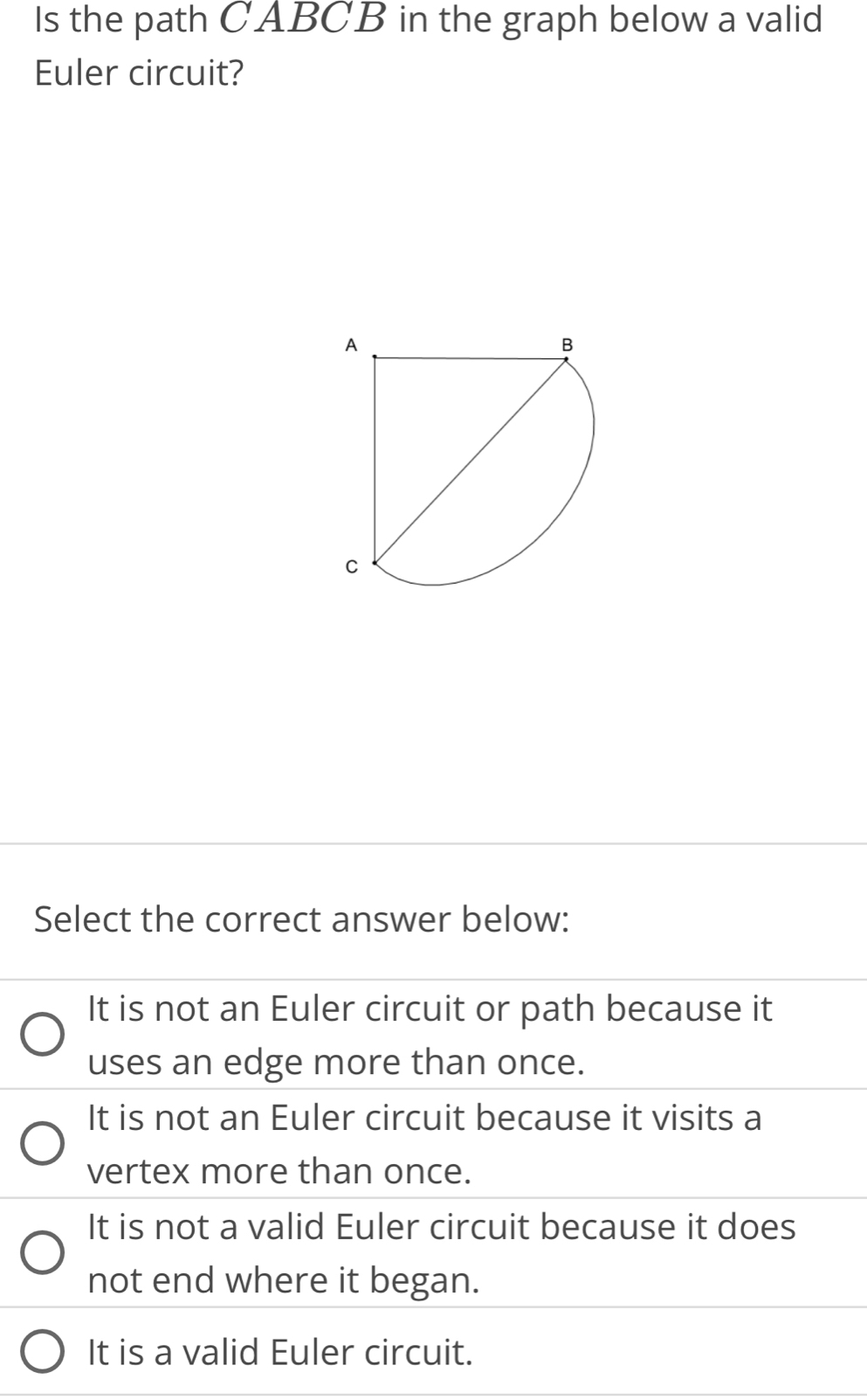 Is the path CABCB in the graph below a valid
Euler circuit?
Select the correct answer below:
It is not an Euler circuit or path because it
uses an edge more than once.
It is not an Euler circuit because it visits a
vertex more than once.
It is not a valid Euler circuit because it does
not end where it began.
It is a valid Euler circuit.