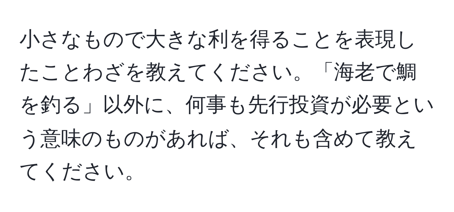 小さなもので大きな利を得ることを表現したことわざを教えてください。「海老で鯛を釣る」以外に、何事も先行投資が必要という意味のものがあれば、それも含めて教えてください。