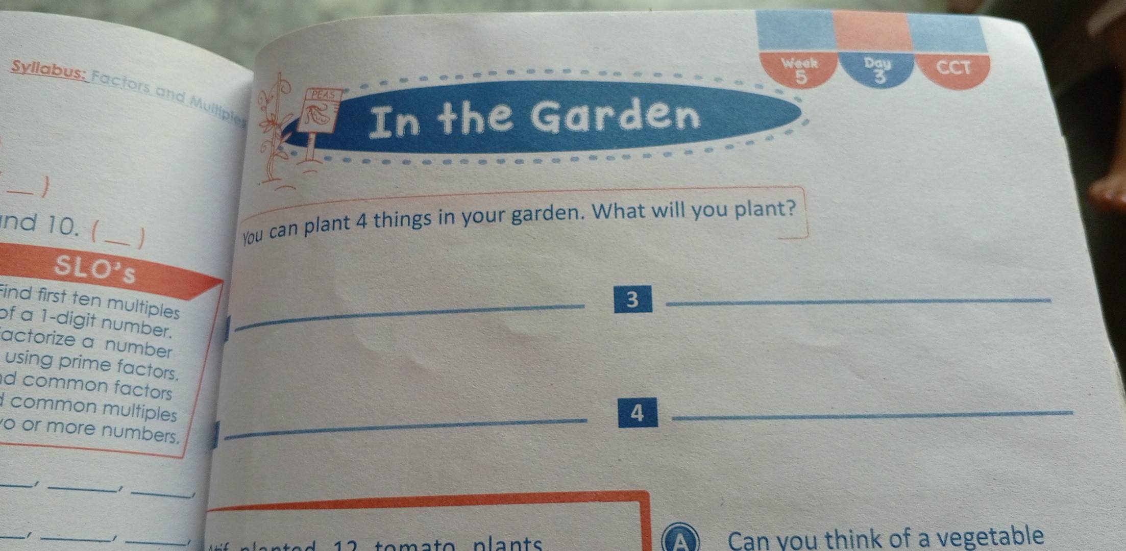 Week ogn CCT 
5 
Syllabus: Factors and Mulliple 
PEAS 
C In the Garden 
_ 
nd 10. ( _J 
You can plant 4 things in your garden. What will you plant? 
SLO's 
_3 
Find first ten multiples_ 
of a 1 -digit number. 
actorize a number 
using prime factors. 
d common factors 
_ 
common multiples 
_4 
o or more numbers. 
_ 
__1 
_1 
_ 
__1 
1 7 Can you think of a vegetable 
a