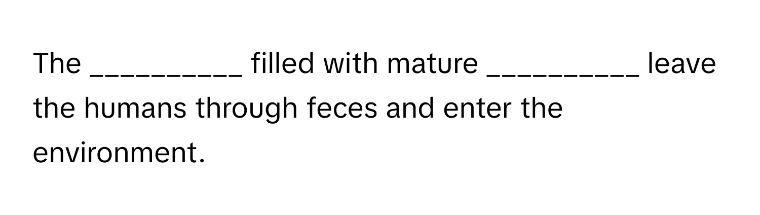 The __________ filled with mature __________ leave the humans through feces and enter the environment.