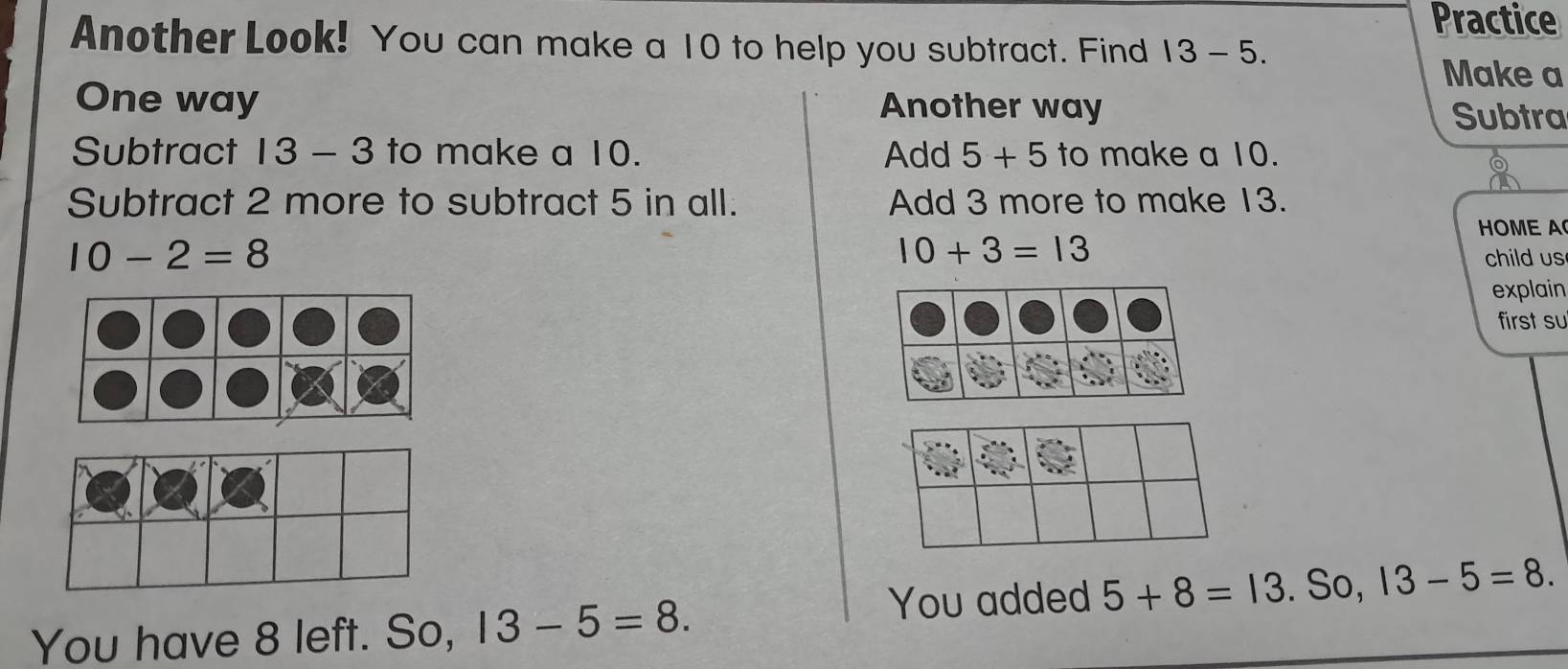 Practice
Another Look! You can make a 10 to help you subtract. Find 13-5. 
Make a
One way Another way
Subtra
Subtract 13-3 to make a 10. Add 5+5 to make a 10.
Subtract 2 more to subtract 5 in all. Add 3 more to make 13.
10-2=8
10+3=13
HOME A
child us
explain
first su
You added 5+8=13. So, 13-5=8. 
You have 8 left. So, 13-5=8.