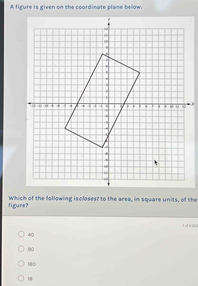 A figure is given on the coordinate plane below.
-x
Which of the following isclosest to the area, in square units, of the
figure?
1 of 4 QUE
40
90
180
18