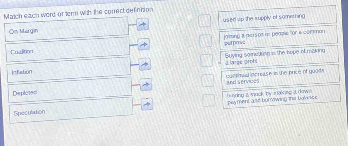 Match each word or term with the correct definition.
On Margin used up the supply of something 
Coalition joining a person or people for a common
purpose
Buying something in the hope of making
Inflation a large profit
continual increase in the price of goods
Depleted and services
payment and borrowing the balance
Speculation buying a stock by making a down