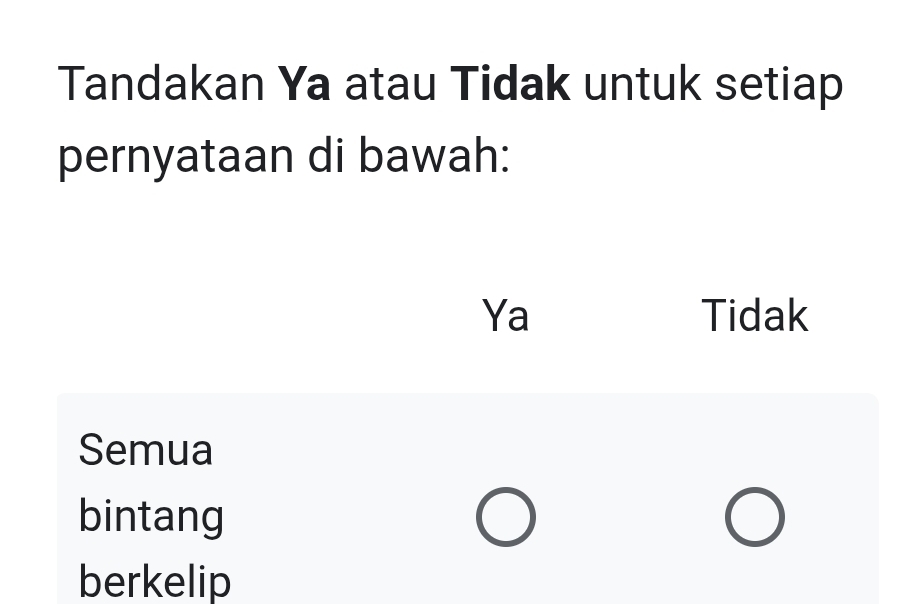 Tandakan Ya atau Tidak untuk setiap
pernyataan di bawah:
Ya Tidak
Semua
bintang
berkelip