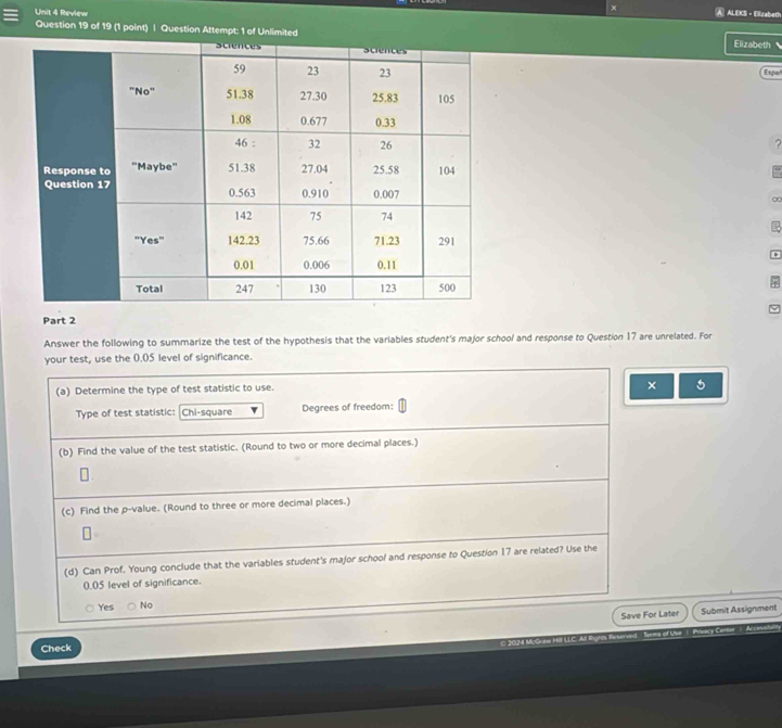 ×
Unit 4 Review ALECS - Eizabet
Question 19 of 19 (1 point) | Question Attempt: 1 of Unlimited Elizabeth
Espa
∞
Part 2
Answer the following to summarize the test of the hypothesis that the variables student's major school and response to Question 17 are unrelated. For
your test, use the 0.05 level of significance.
(a) Determine the type of test statistic to use.
× 5
Type of test statistic: Chi-square Degrees of freedom:
(b) Find the value of the test statistic. (Round to two or more decimal places.)
(c) Find the p -value. (Round to three or more decimal places.)
(d) Can Prof. Young conclude that the variables student's major school and response to Question 17 are related? Use the
0.05 level of significance.
Yes No
Save For Later Submit Assignment
C. 2024 McGraw Hill LLC. All Rgn ems of Uue | Privacy Center - Accesi
Check