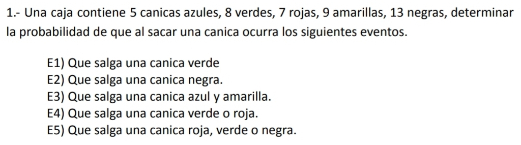 1.- Una caja contiene 5 canicas azules, 8 verdes, 7 rojas, 9 amarillas, 13 negras, determinar
la probabilidad de que al sacar una canica ocurra los siguientes eventos.
E1) Que salga una canica verde
E2) Que salga una canica negra.
E3) Que salga una canica azul y amarilla.
E4) Que salga una canica verde o roja.
E5) Que salga una canica roja, verde o negra.