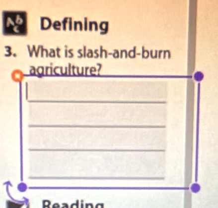 Defining 
3. What is slash-and-burn 
agriculture? 
_ 
_ 
_ 
_ 
Reading