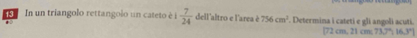 In un triangolo rettangolo un cateto è i  7/24  dell'altro e l'area è 756cm^2. Determina i cateti e gli angoli acuti. 
[ 72 cm, 21 cm; 73,7"; 1 6.8°