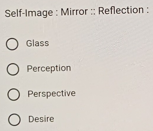 Self-Image : Mirror :: Reflection :
Glass
Perception
Perspective
Desire