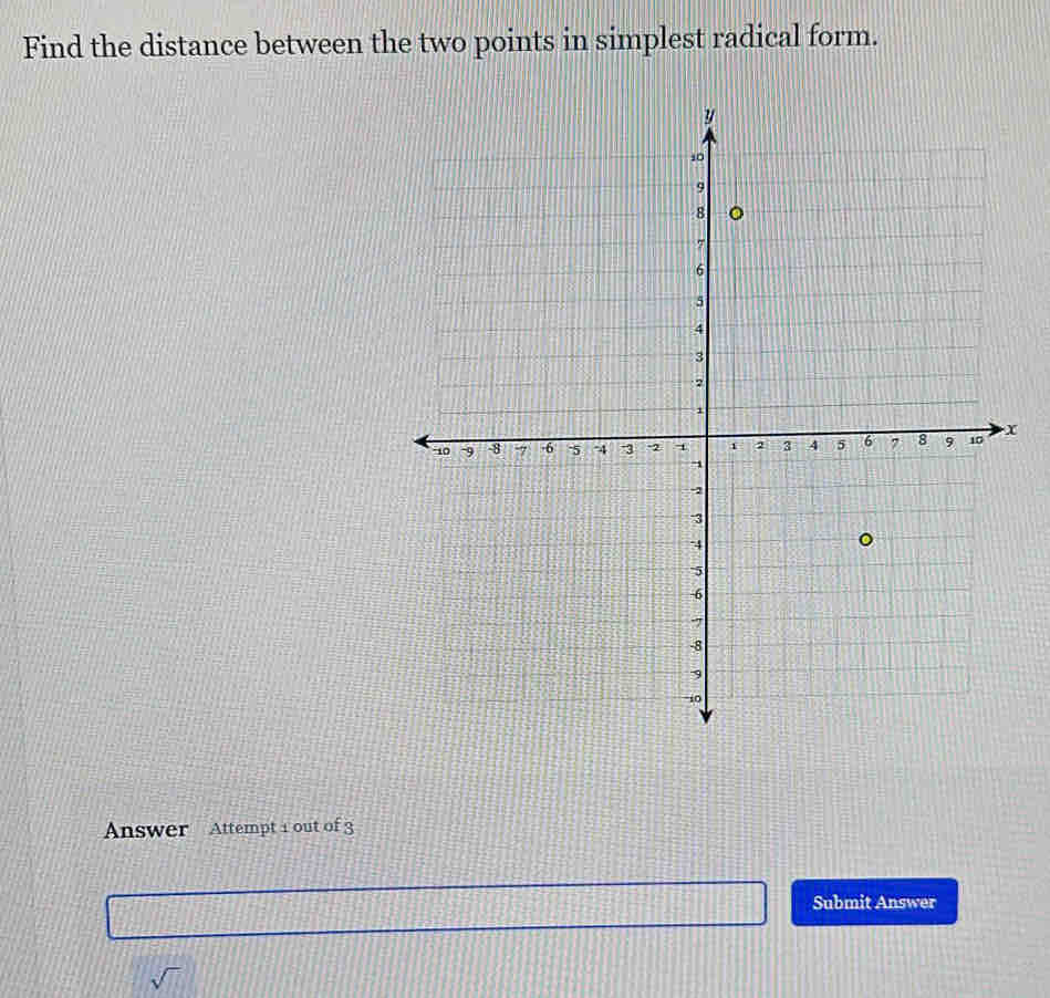 Find the distance between the two points in simplest radical form. 
Answer Attempt 1 out of 3 
Submit Answer 
sqrt()