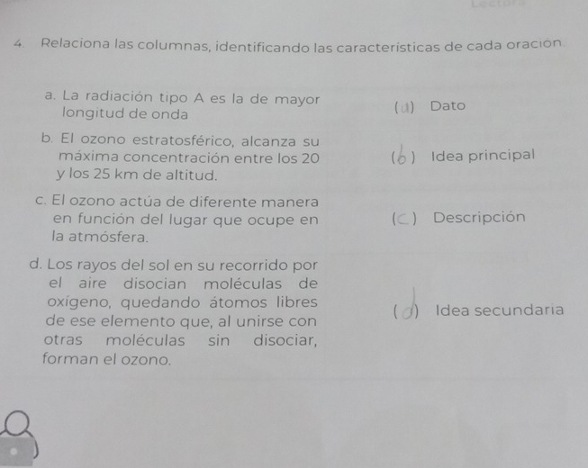 Lectoi 
4. Relaciona las columnas, identificando las características de cada oración