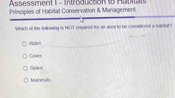 Assessment I - Introduction to Habitats
Principles of Habitat Conservation & Management
Which of the following is NOT required for an area to be considered a habital?
Water
Cover
Space
Mammals